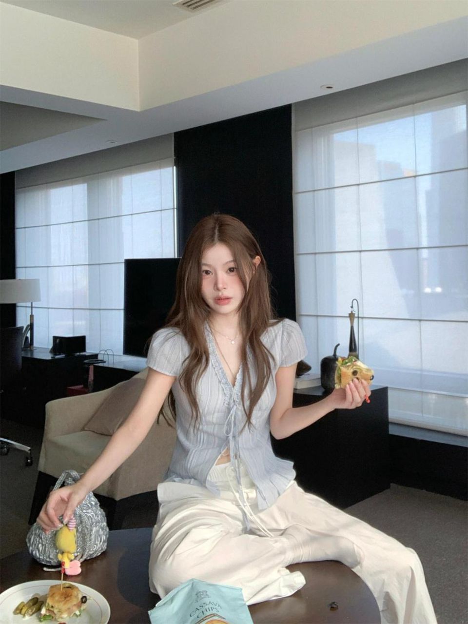 【有点甜】Blue Lace Short-Sleeve Blouse