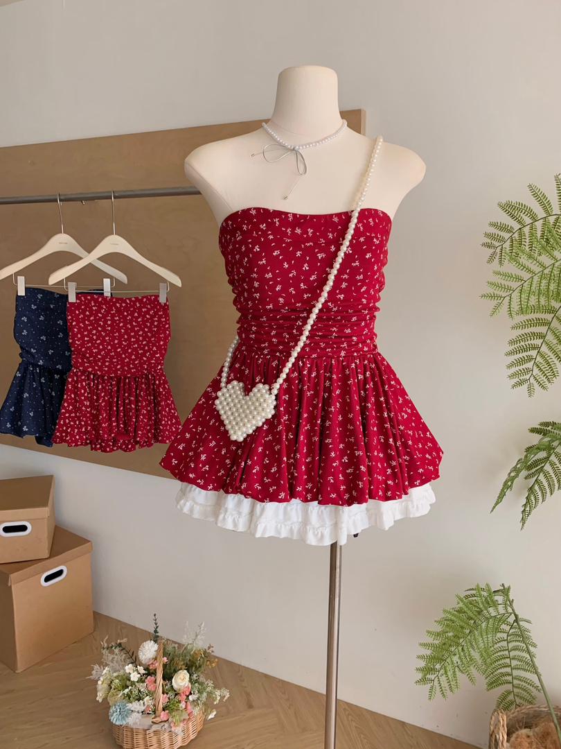 【甜巧花漾】Red Flower Elastic-Waist Strapless Top