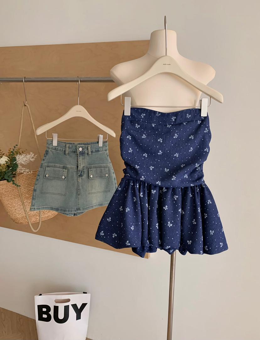 【甜巧花漾】Blue Ribbon Elastic-Waist Strapless Top