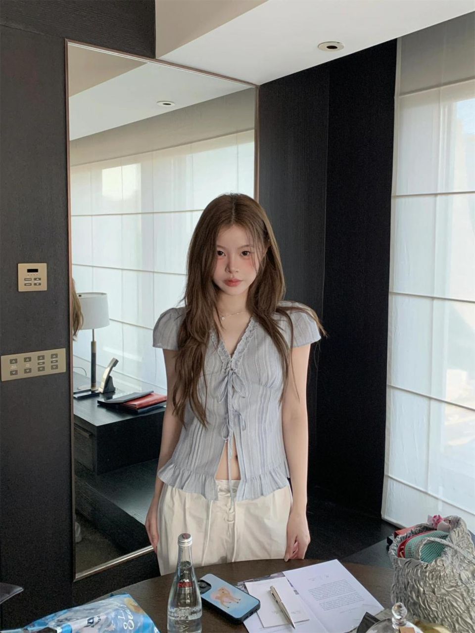 【有点甜】Blue Lace Short-Sleeve Blouse