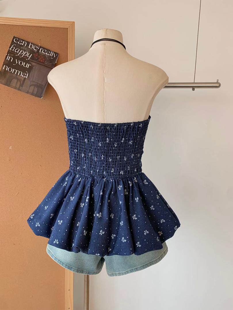 【甜巧花漾】Blue Ribbon Elastic-Waist Strapless Top