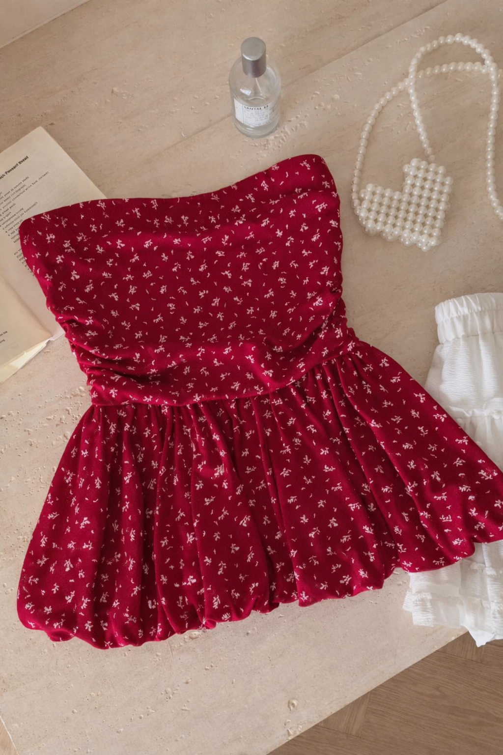 【甜巧花漾】Red Flower Elastic-Waist Strapless Top